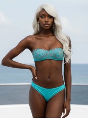 Via Delle Perle Bandeau Turquoise Swimwear with Gold Accents